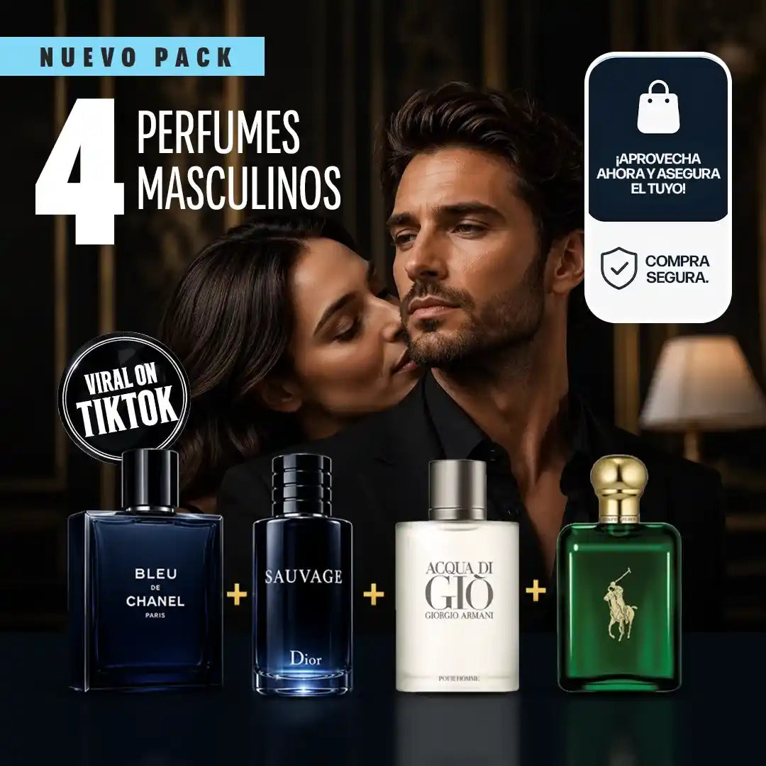 ¡4 PERFUMES POR EL PRECIO DE 1! — Kit Premium Masculino con Bleu de Chanel, Sauvage, Acqua di Giò y Polo Green, de 100 ml cada uno