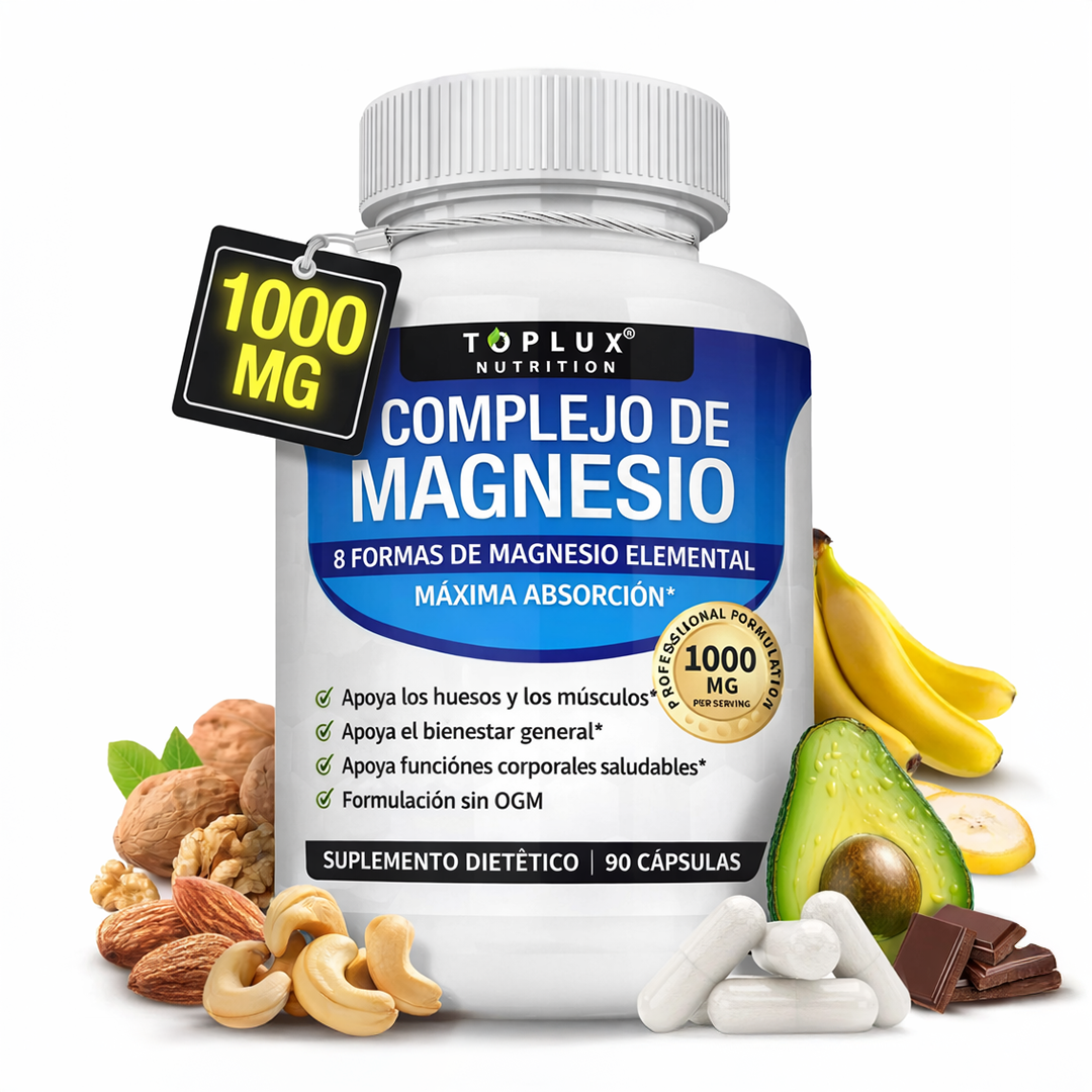 Complejo de Magnesio Toplux 8 Formas (90 Cápsulas, 1000 mg por cápsula) — Alta Absorción, Energía, Descanso y Función Muscular