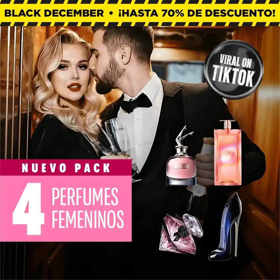 ¡PAGA 1 Y LLEVA 4! – Exclusivo Pack de Perfumes Premium: Scandal, Idôle, La Nuit Trésor y Good Girl (Eau de Parfum, 100 ml cada uno)