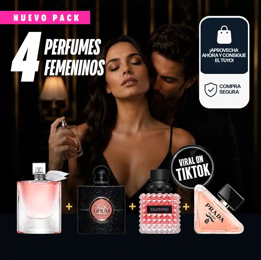 ¡4 PERFUMES POR EL PRECIO DE 1! Paga 1 y llévate 4 — Pack Premium con Lancôme La Vie Est Belle, YSL Black Opium, Valentino Donna Born In Roma y Prada Paradoxe, 100 ml cada uno